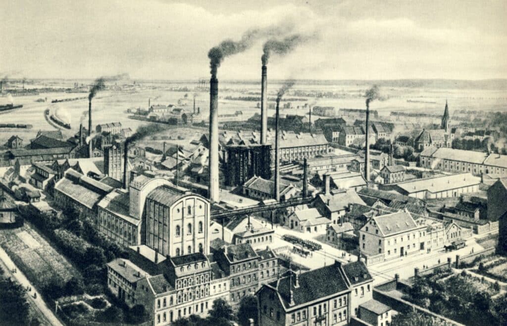 Köln ist seit Mitte des 19. Jahrhunderts Standort der Chemieindustrie, hier die „Chemische Fabrik Kalk“ ca. 1900